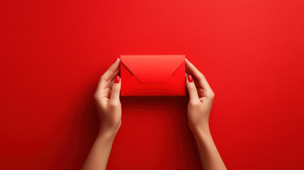 Festive joy of Chinese New Year celebration. Red envelope held in hands, celebratory atmosphere