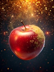 a red ripe, liquid apple wrapped in magical golden fine magical grains of gold on a black background