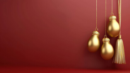 Festive joy of Chinese New Year celebration. Golden decorations hanging on red background
