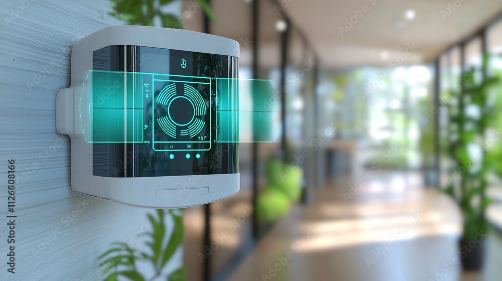 Poster a photograph showcasing a cutting edge motion detection sensor with a sleek holographic interface th
