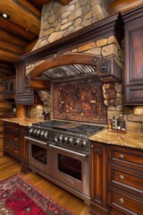 Rustic Kitchen with Stone Fireplace and Wooden Cabinets