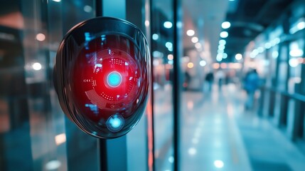 Close up view of an advanced motion sensor integrated with a holographic display projecting live motion detection data set in a clean and contemporary smart building hallway with ample copy space