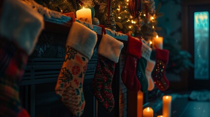 A row of colorful Christmas stockings hanging from a fireplace mantel, with soft candlelight flickering and a warm glow filling the cozy room