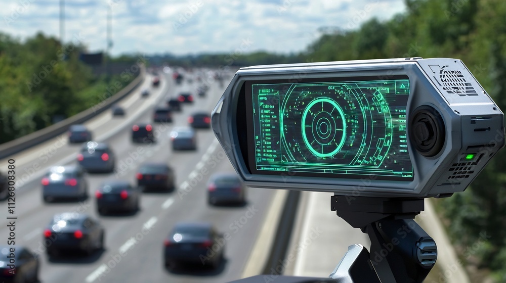 Poster a photograph of a speed detection radar gun with a holographic interface displaying live speed analy