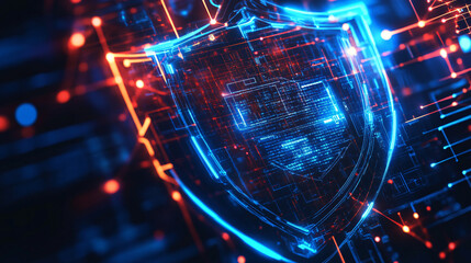 A stylized shield icon with glowing lines and data points, representing cybersecurity, encryption, and online protection systems. 