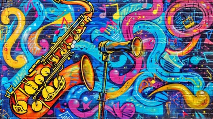 Vivid saxophone mural with musical notes and colorful abstract graffiti design