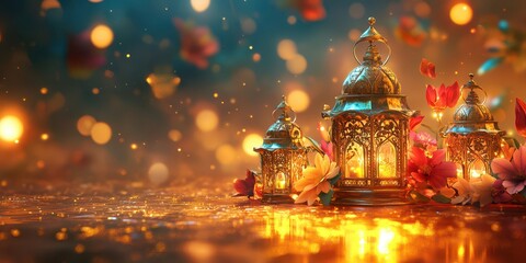 Obraz premium Cluster of colorful lanterns glowing on a smooth amber surface, surrounded by floral accents and shimmering golden light, leaving ample space for text.