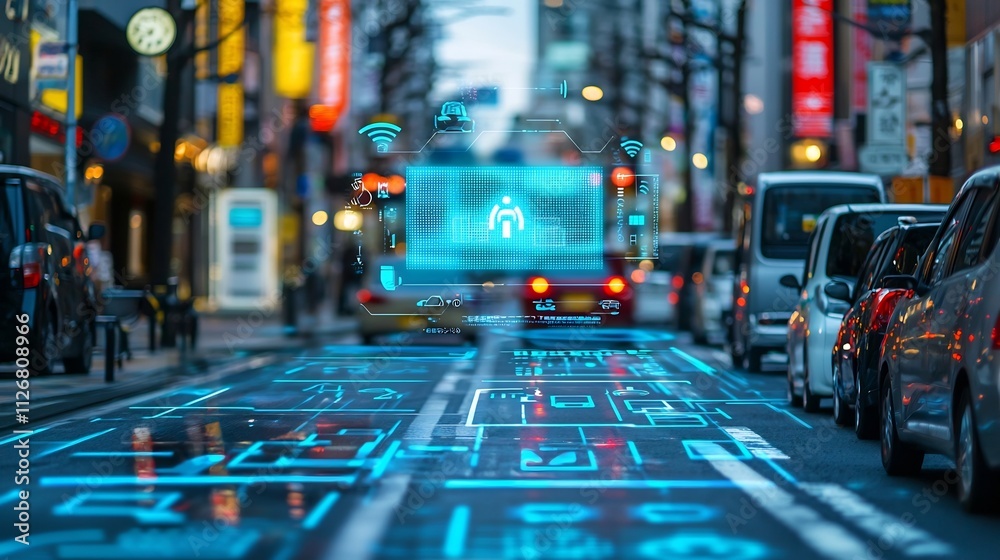 Poster close up view of an advanced speed sensor equipped with a holographic projection showing live traffi