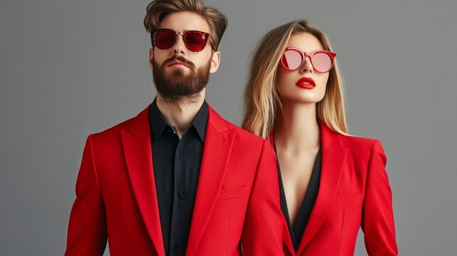 high quality realistic collage of fashionable beautiful couple in red blazers and sunglasses posing isolated on grey, horizontal image