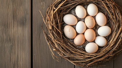 Handcrafted wooden bird nest concept. A rustic nest containing various eggs, set against a wooden background, highlighting nature's simplicity and elegance.