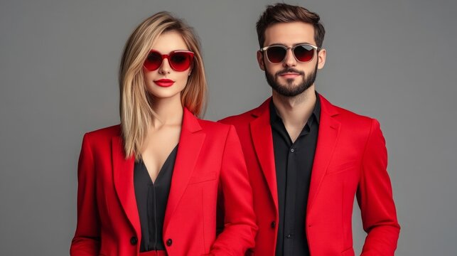 high quality realistic collage of fashionable beautiful couple in red blazers and sunglasses posing isolated on grey, horizontal image