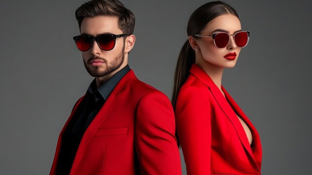 high quality realistic collage of fashionable beautiful couple in red blazers and sunglasses posing isolated on grey, horizontal image
