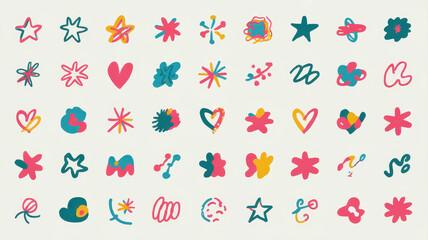 A vibrant collection of playful abstract doodles in various shapes and colors, featuring stars, hearts, and swirling patterns on a light background.