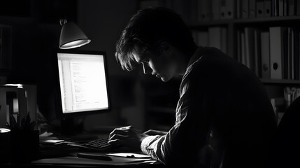 Young Man Working Late at Night on Computer