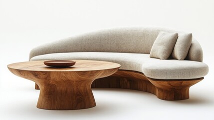 A light-colored curved sofa paired with a round wooden coffee table sits alongside a striking black background, showcasing modern design and elegance in an inviting space.