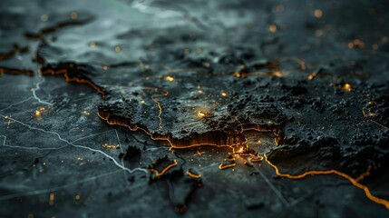 Fototapeta premium Digital map of Europe at night, with city lights highlighted in yellow. Paris, London, Berlin, Rome, Minsk circled. London prominently lit.