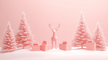 Winter wonderland display with pink trees, a stag, and festive gifts in a serene setting