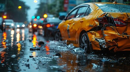 Car Crash in City Traffic, Damaged Yellow Taxi in Floodwaters on Street. Accident.