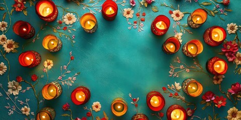 Circular arrangement of colorful wax lanterns glowing softly on a vibrant turquoise surface, with intricate floral embroidery-like patterns encircling them.