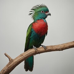 Fototapeta premium A parrot perched on a branch, its vibrant feathers glowing against a white background. A colorful parrot perched on a branch on a white background.