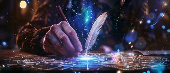 Person in black hoodie writes in magic circle with zodiac symbols on paper. Ethereal vibe with blue and purple, stars give astrological vibe.