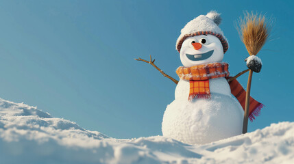 Obraz premium A snowman with a broomstick arm and a warm scarf, standing on a snowy hill with a clear blue sky above.