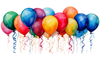Vibrant Watercolor Painting of Colorful Balloons and Ribbons A Festive Celebration