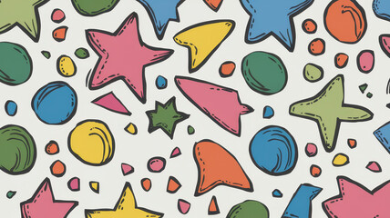 Colorful abstract pattern featuring various shapes including stars, circles, and triangles in vibrant hues.