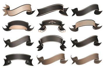 Embroidered black ribbons and stumps pack isolated on white. Can be used for banner, award, sale, icon, logo, label etc. Vector illustration
