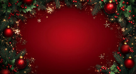 Festive holiday decorations surround a vibrant red background adorned with ornaments and greenery