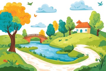 Obraz premium illustration of beautiful landscapes with mountains and lakes in watercolor, aquarelle look pencil art Countryside village landscape with church and houses illustration, design, vector, nature, travel