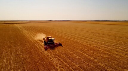Fototapeta premium A large combine harvester efficiently working on a vast golden wheat field during the peak of the harvest season