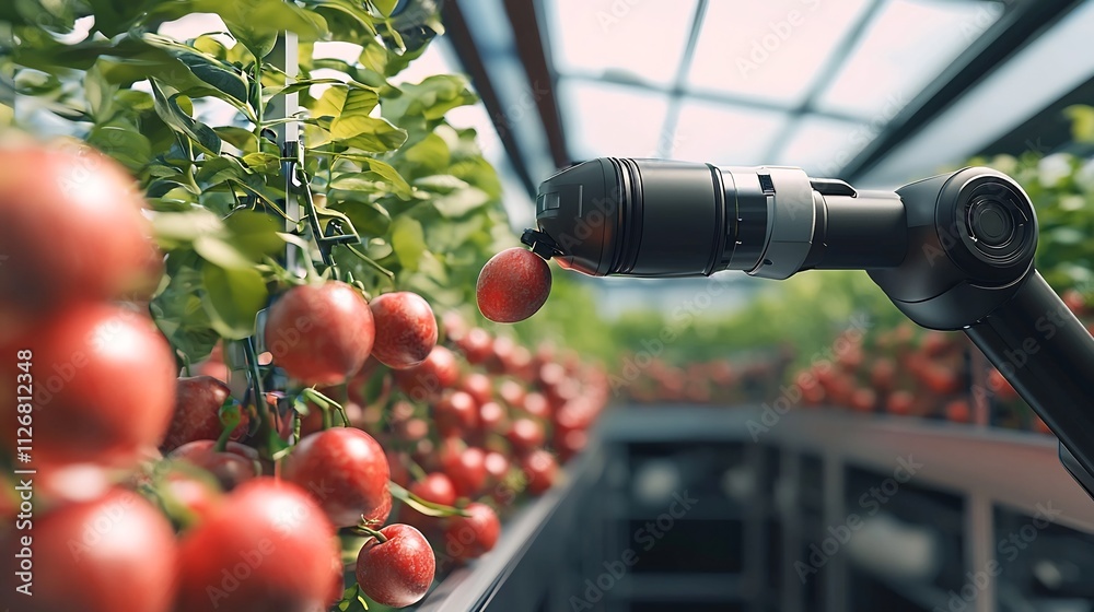 Poster futuristic robotic arm efficiently sorting and processing various fruits within a clean minimalistic