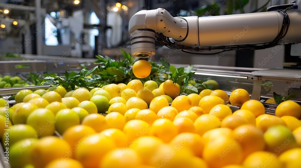 Poster a sleek and advanced robotic arm efficiently sorting an array of fresh fruits in a futuristic agricu