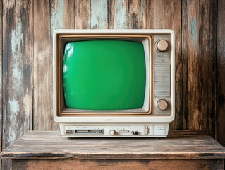 Green television is turned off and sitting on a wooden table. The television is old and has a vintage look to it. The wooden table it sits on is also old and has a rustic feel to it