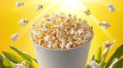 A fun and whimsical arrangement of a bowl of popcorn with scattered kernels around it, set against a sunny yellow background. The image conveys a sense of joy and excitement, making it an appealing