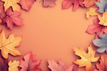 Frame of autumn leaves with a yellow background. The leaves are arranged in a circle and are of different sizes