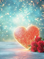 Fototapeta premium Heart-shaped planet glowing with love, adorned with roses and sparkles, cosmic Valentine's scene, 3D illustration