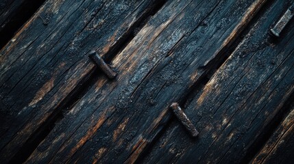 Obraz premium Rusty iron nails scattered on an aged wooden surface, showcasing contrast.