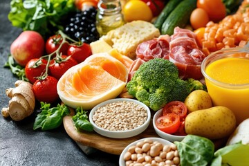 Table full of fruits and vegetables including broccoli, potatoes, tomatoes, and apples. The table is set up for a healthy meal