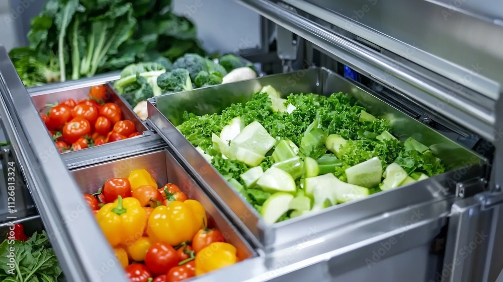 Poster advanced sorting machine efficiently processing and handling fresh vegetables in a clean modern indu