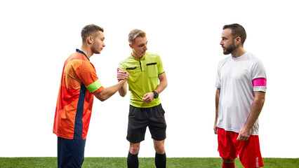 Players and referee shaking hands after match, symbolizing sportsmanship and mutual respect in...