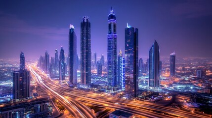 Fototapeta premium Panoramic cityscape of futuristic skyscrapers glowing at night