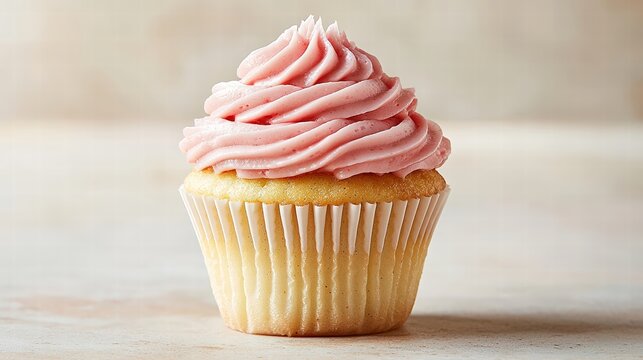 A charming raspberry cupcake with fluffy pink frosting, elegantly set against a soft beige background. The subtle color tones enhance the cupcakes features, making it a perfect choice for dessert