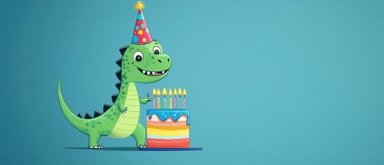 Obraz premium Adorable Dinosaur Celebrates Birthday with Colorful Cake and Candles