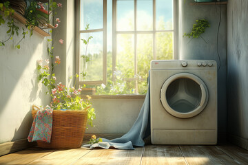 A washing machine in the laundry room, with colorful and a cloth basket on the wooden floor,  Made by AI