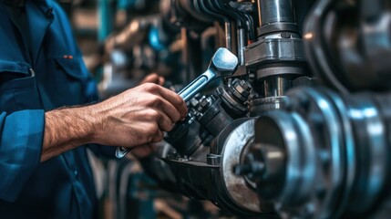 A mechanical engineer holding a wrench and adjusting components on a large industrial generator, detailed close-up scene 