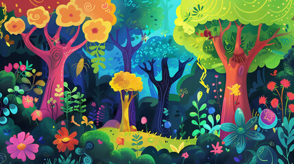 A cartoony forest with trees and flowers in vibrant colors.