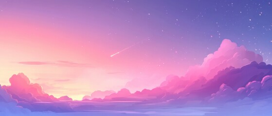 Dreamy Pastel Sunset Sky with Shooting Star and Fluffy Clouds