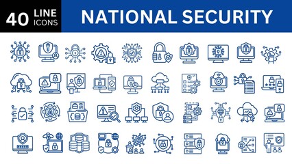 National Security icon set with defense, intelligence, surveillance, cyber security, espionage and counter terrorism.